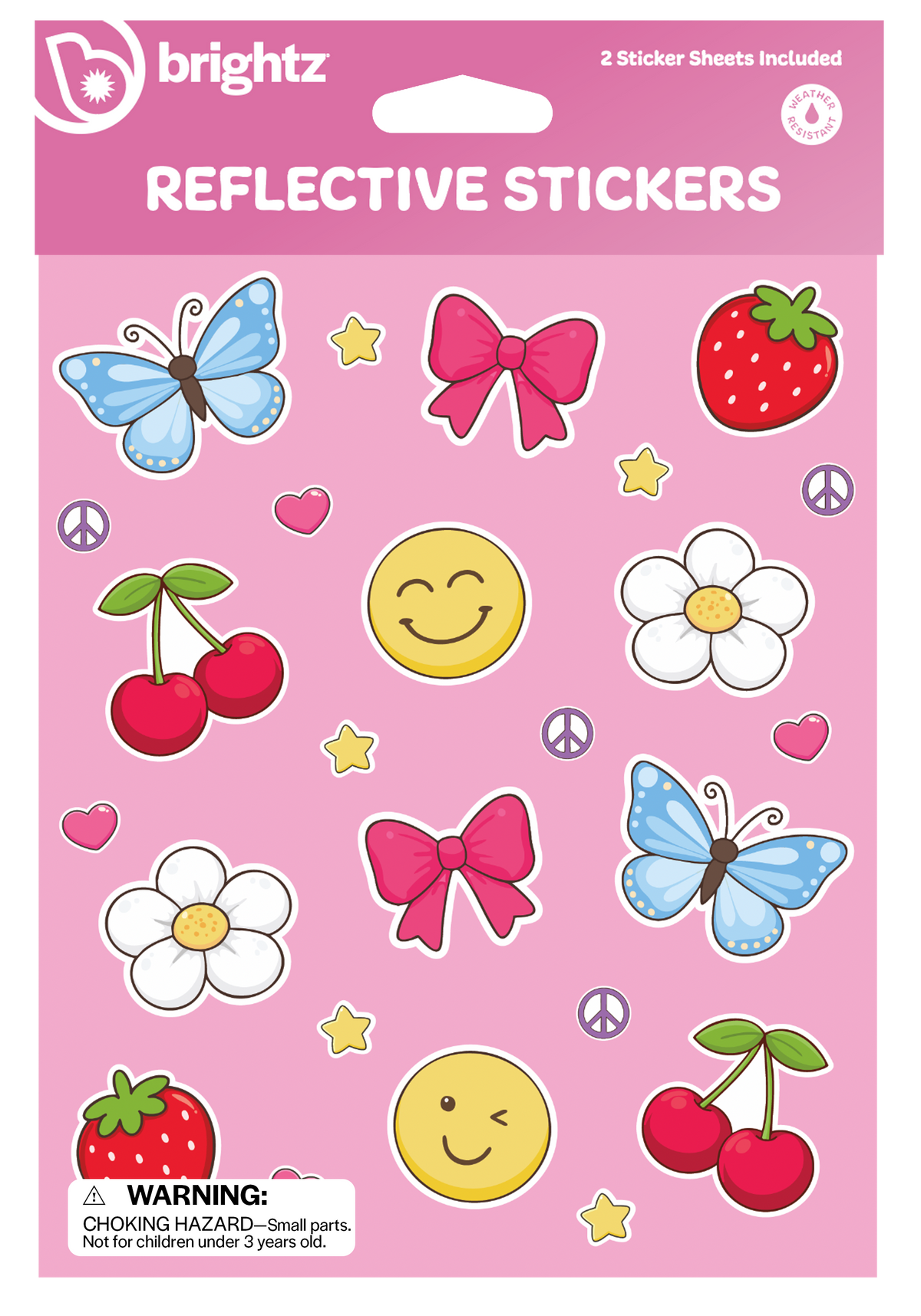 Brightz Reflective Stickers sheet featuring colorful cartoon stickers including blue butterflies, pink bows, red cherries, white flowers, yellow smiley faces, strawberries, peace signs, and stars on a pink background.