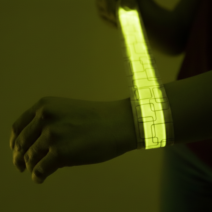 Glowing yellow reflective safety LED slap bracelet worn by a person against a dark background