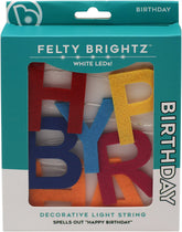 Felty Brightz decorative light string packaging spelling out 'Happy Birthday' with colorful letters.