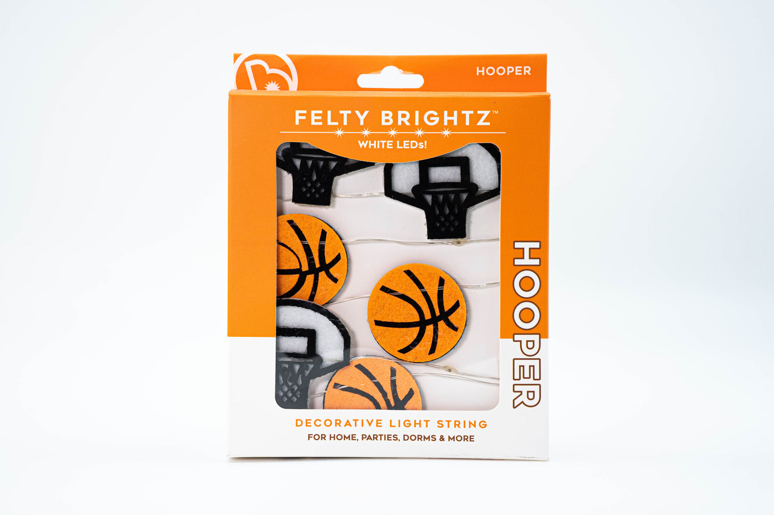 Packaged decorative light string with basketball design on an orange background