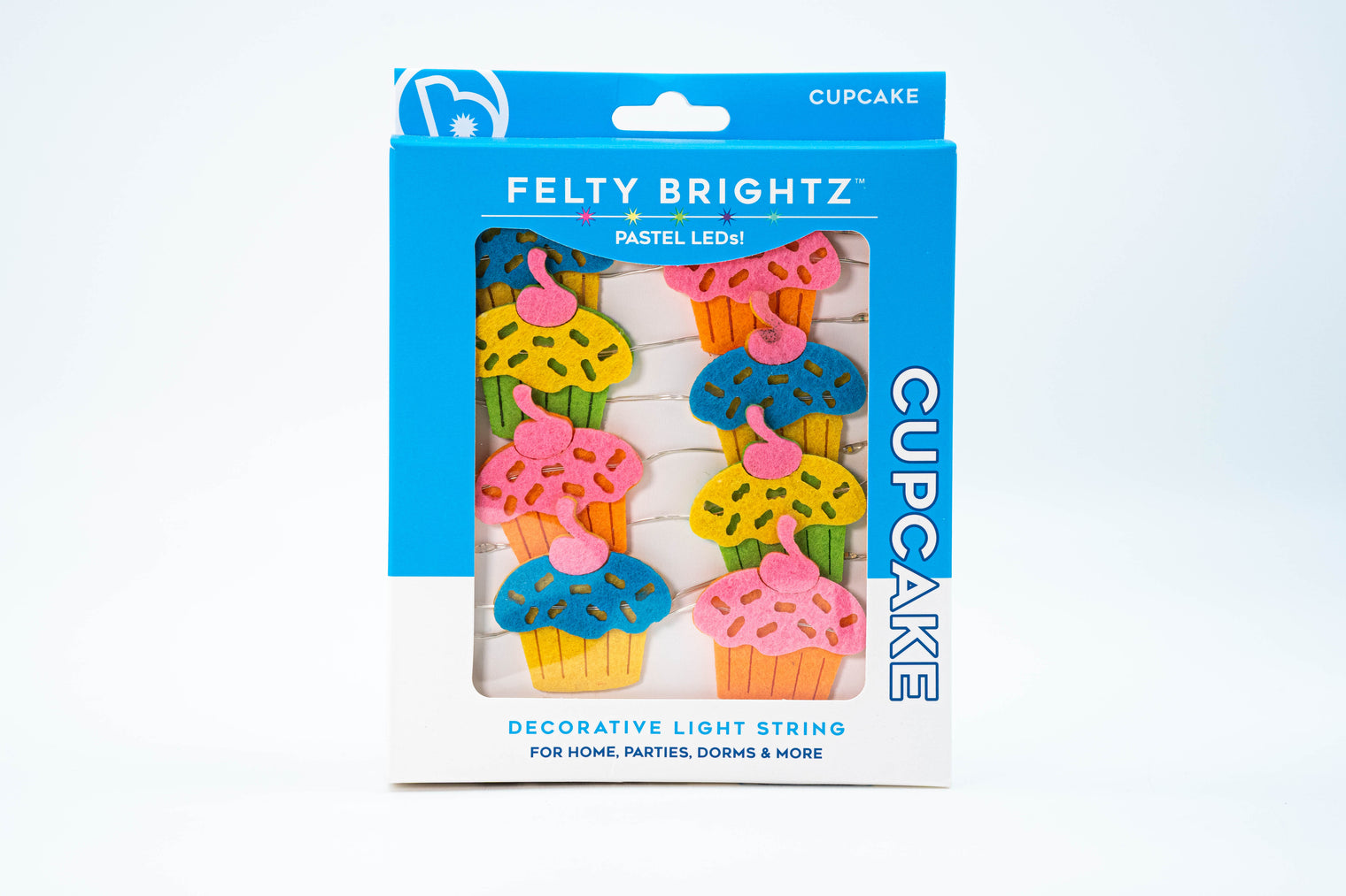 Packaged decorative light string with cupcake design on a white background