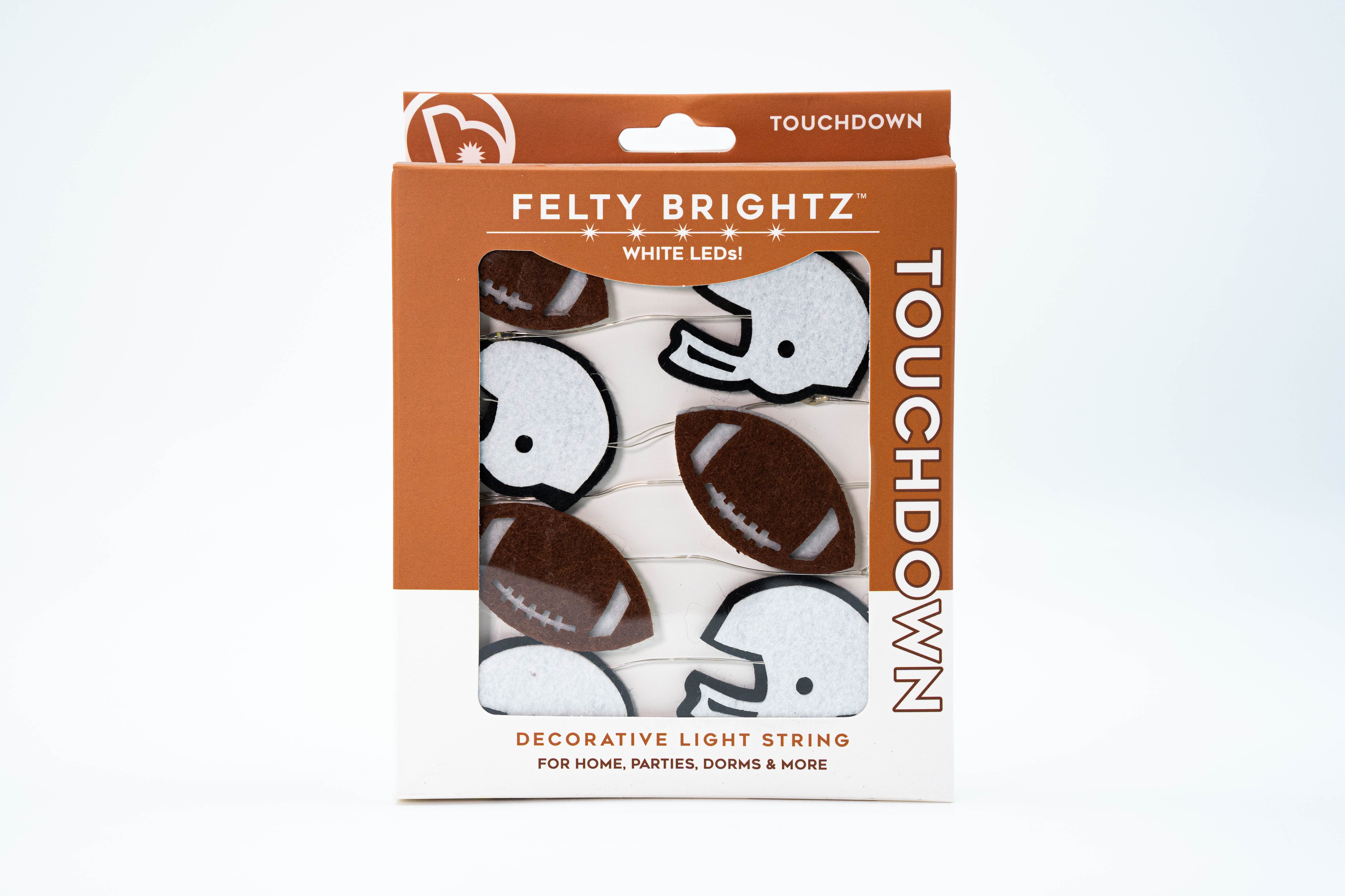Packaged decorative light string with football and elephant designs on a white background