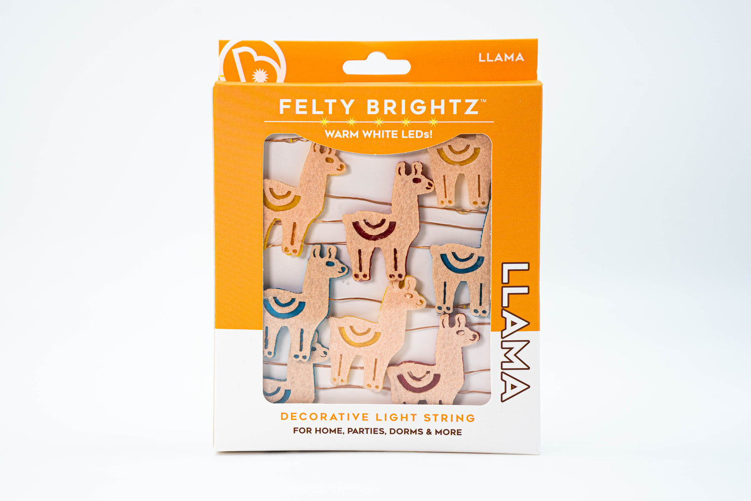Felty Brightz llama decorative light string packaging on a white background