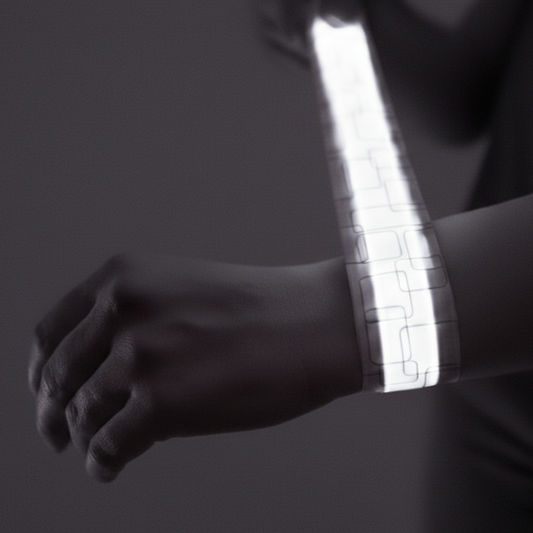 Close-up of a person's arm with a white LED slap bracelet