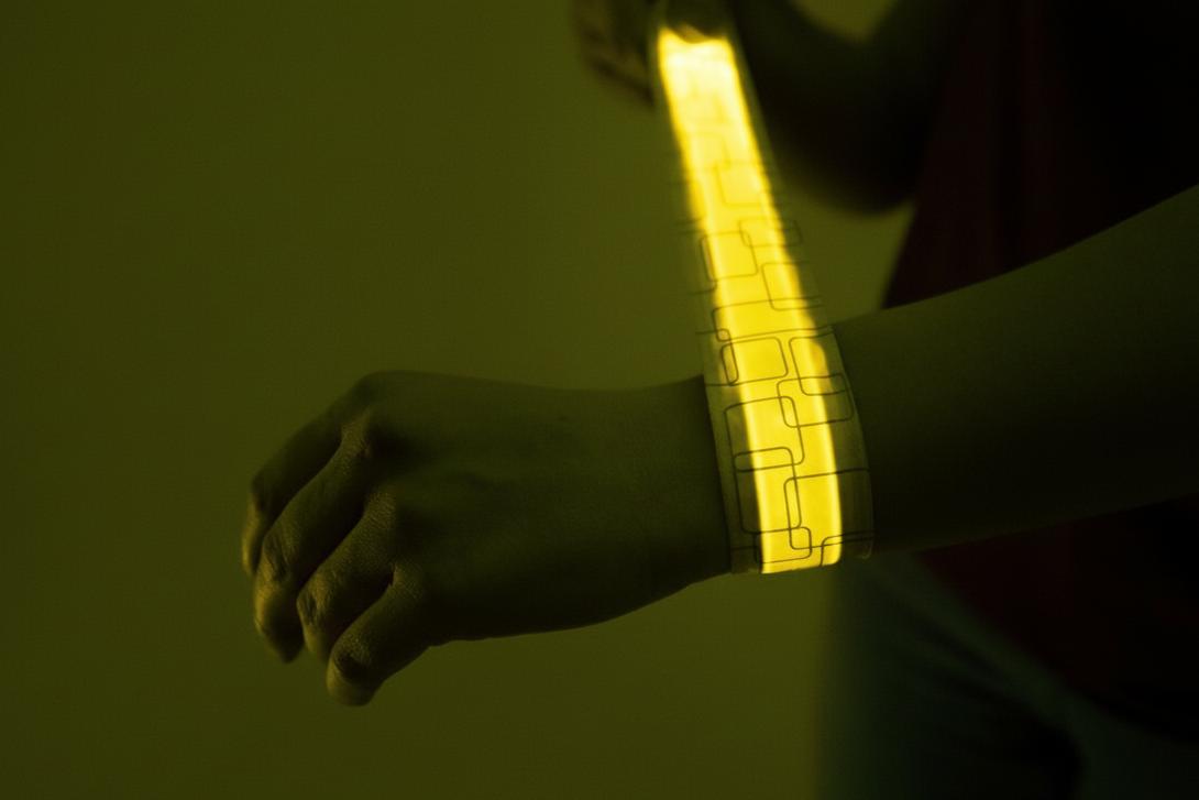 Hand wearing a glowing yellow LED slap bracelet against a dark background