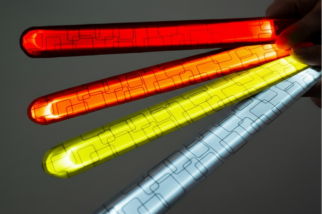Four reflective LED slap bracelets in red, orange, yellow, and white on a dark background