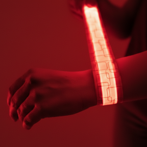 Person wearing a glowing red LED slap bracelet against a dark background