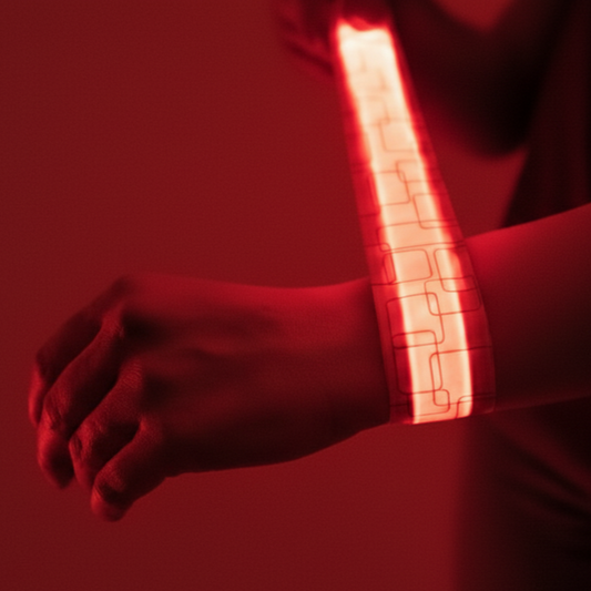 Person wearing a glowing red LED slap bracelet against a dark background