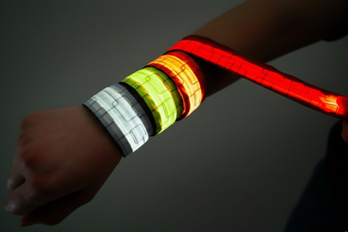 Red, yellow, orange and white LED slap wrist bracelets. 