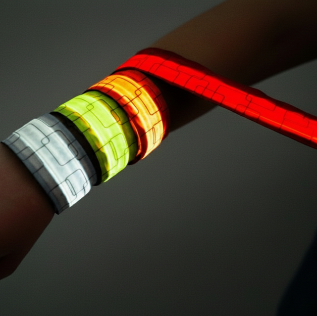 Red, yellow, orange and white LED slap wrist bracelets.