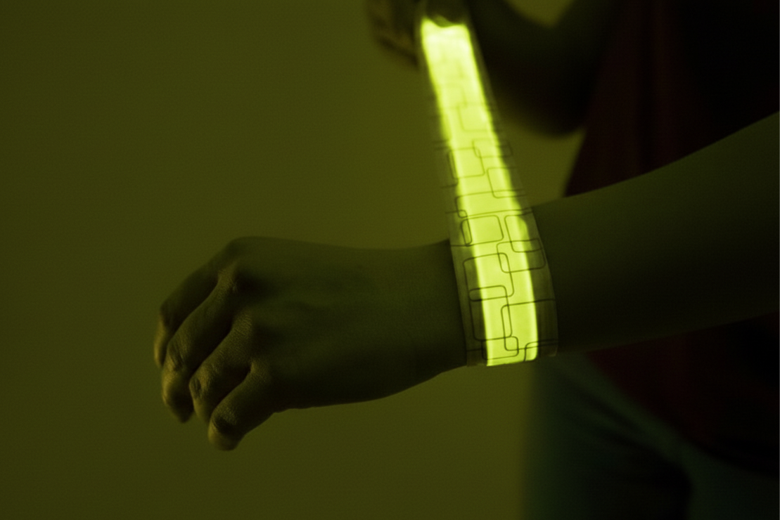 Glowing yellow reflective safety LED slap bracelet worn by a person against a dark background