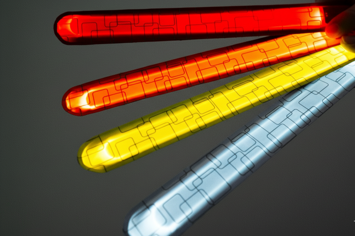 FourLED flowing slap bracelets in red, yellow, orange and white held against a dark background