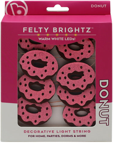 Packaged decorative light string with donut design on pink background