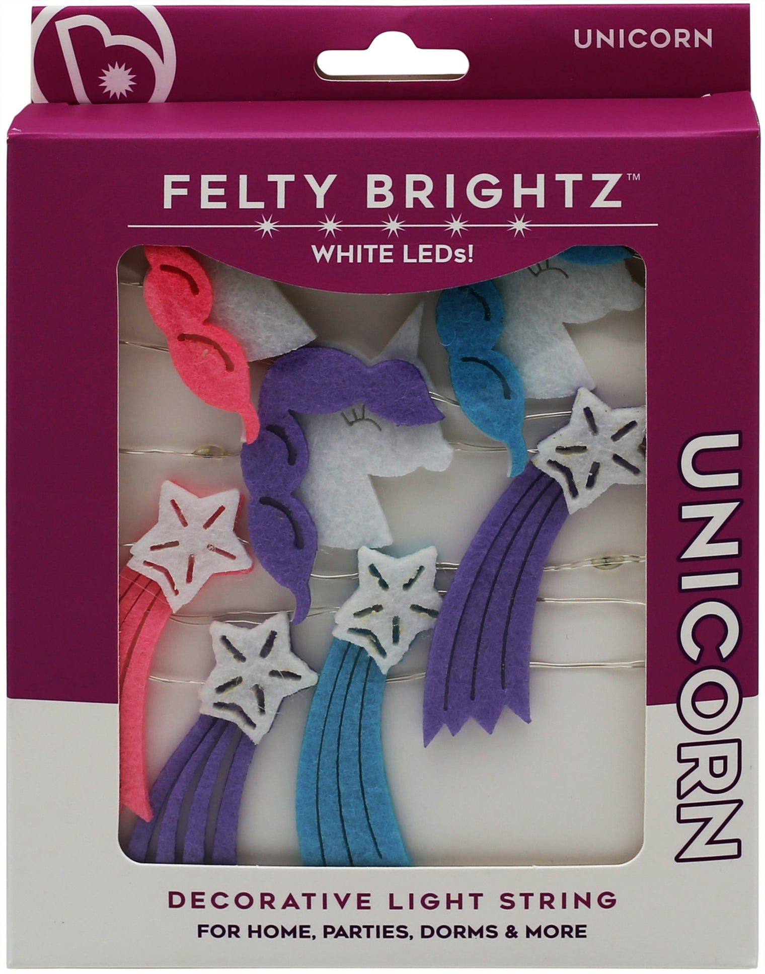 Felty Brightz Unicorn decorative light string packaging with colorful lights inside.