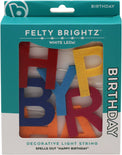 Felty Brightz decorative light string packaging spelling out 'Happy Birthday' with colorful letters.