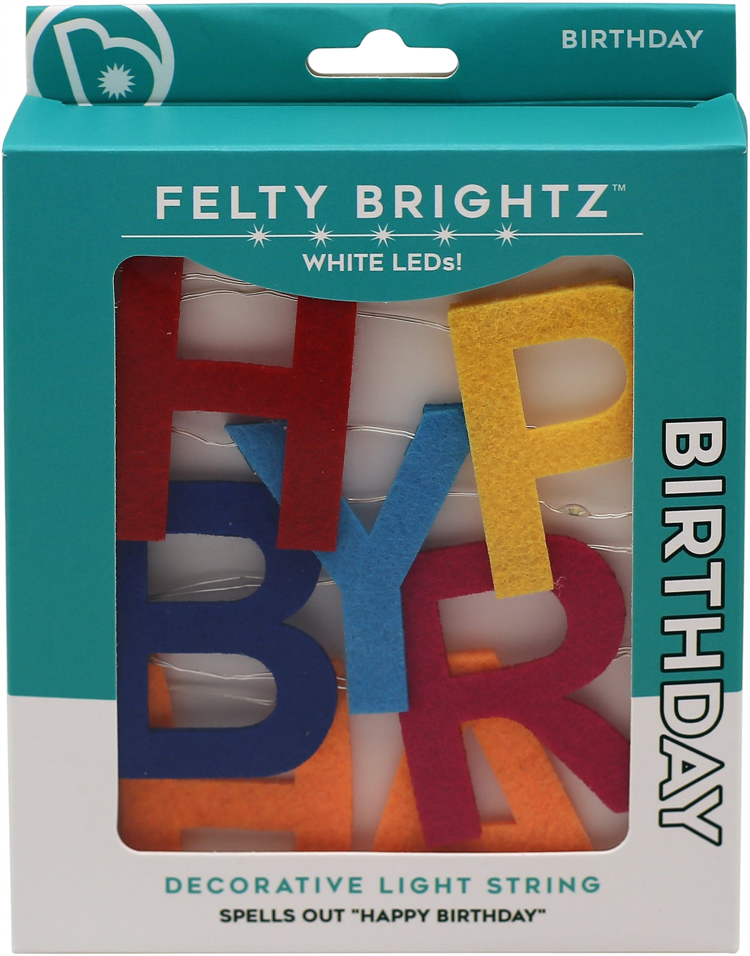 Felty Brightz decorative light string packaging spelling out 'Happy Birthday' with colorful letters.