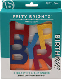 Felty Brightz decorative light string packaging spelling out 'Happy Birthday' with colorful letters.