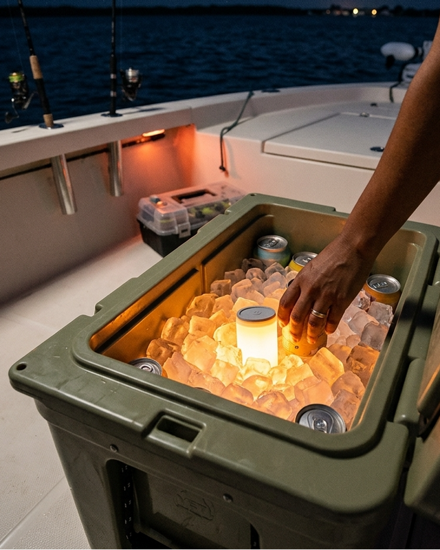 Person placing cans into a cooler with an led cooler light filled with ice on a boat at night.