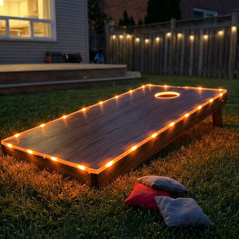 Cornhole board with LED string lights on grass in a backyard at night